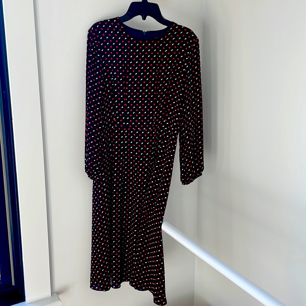 Ann Taylor Size 2 Long Sleeve Chiffon Navy Dress w Polka Dot Like Pattern